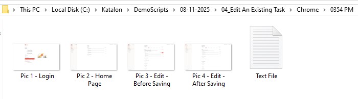 Screenshot of a folder with CSV file and test run images