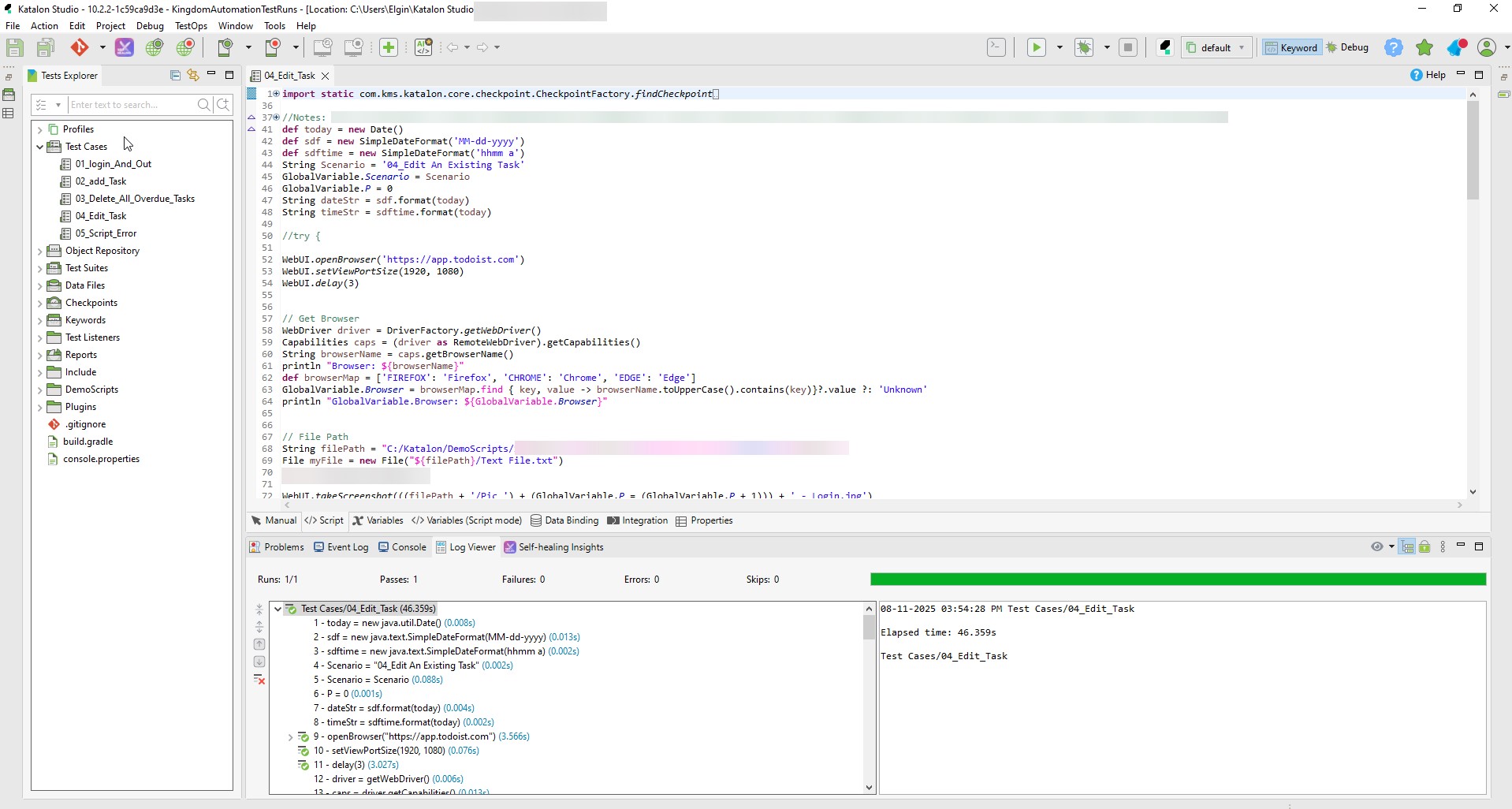 Screenshot of Katalon Studio after a successful script run